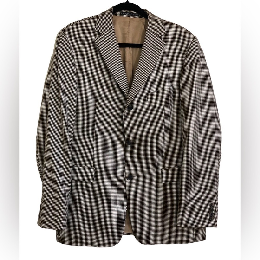 Men’s Vintage Boss Hugo Boss Black Brown Tan Check Silk Wool Sport Coat Size 40R